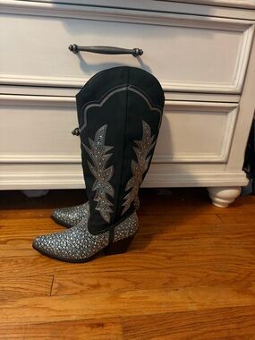 Black and Silver Women’s Western Knee-High Boots
